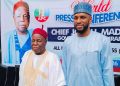 From Left: Chief Joel Hammanjoda Madaki, Adamawa's APC Governorship Aspirant and Abdulrahman Bashir Haske, frontline APC Governorship Aspirant in Adamawa during a press conference where the former stepped down from the race to support Haske...on Wednesday.