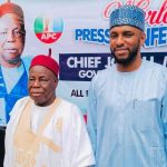 From Left: Chief Joel Hammanjoda Madaki, Adamawa's APC Governorship Aspirant and Abdulrahman Bashir Haske, frontline APC Governorship Aspirant in Adamawa during a press conference where the former stepped down from the race to support Haske...on Wednesday.