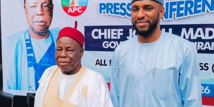 From Left: Chief Joel Hammanjoda Madaki, Adamawa's APC Governorship Aspirant and Abdulrahman Bashir Haske, frontline APC Governorship Aspirant in Adamawa during a press conference where the former stepped down from the race to support Haske...on Wednesday.