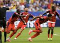 21 June 2026; Kevin Pina of Cabo Verde celebrates after scoring her side's first goal with team-mates, including Roberto Lopes, 4, during the 2026 FIFA World Cup Group H match between Uruguay and Cabo Verde at Miami Stadium in Miami, Florida, USA. Photo by Michael Pimentel/Sportsfile