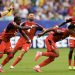 21 June 2026; Kevin Pina of Cabo Verde celebrates after scoring her side's first goal with team-mates, including Roberto Lopes, 4, during the 2026 FIFA World Cup Group H match between Uruguay and Cabo Verde at Miami Stadium in Miami, Florida, USA. Photo by Michael Pimentel/Sportsfile