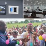 R-L: Catholic Archbishop Rev. Lucius Ugorji, assisted by Mr. Cosmas Ibe, an old boy of the college to cut the tape, while Mr. Leo Stan Ekeh and Mr. Jerry Chukwueke watch in admiration. Top is the exterior and interior of the centre.