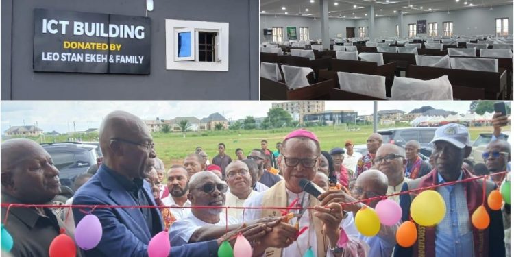 R-L: Catholic Archbishop Rev. Lucius Ugorji, assisted by Mr. Cosmas Ibe, an old boy of the college to cut the tape, while Mr. Leo Stan Ekeh and Mr. Jerry Chukwueke watch in admiration. Top is the exterior and interior of the centre.