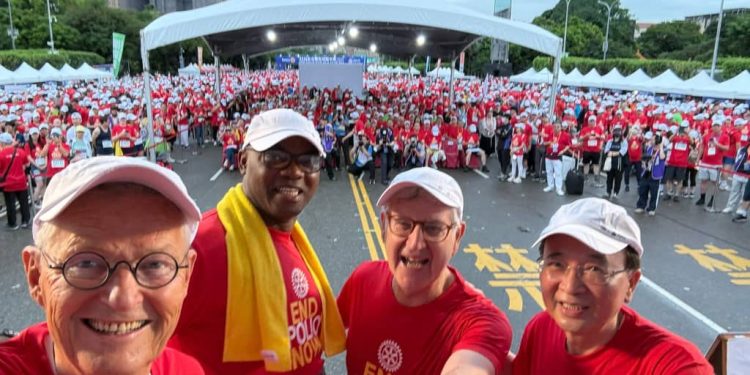 L-R: The Rotary Foundation Trustee chair, Holger Knaack; the Rotary International President-Elect, Yinka Babalola; the Outgoing President, Francesco Arrezo; and the Host Organising committee chair, Jackson Hsieh, at the  12.5kilometres run in support of  Polio Eradication  during the just-concluded RI Convention in Taipei, Taiwan. PHOTO: Rotary International