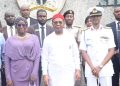 From left: Deputy Governor of Imo State, Lady Chinyere Ekomaru, Governor Hope Uzodimma of Imo State and Commodore Usman Bugaje, Leader of the Defence Intelligence College Participants Course 25 when the delegation paid a working visit to the Governor at Government House Owerri...Friday.