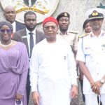From left: Deputy Governor of Imo State, Lady Chinyere Ekomaru, Governor Hope Uzodimma of Imo State and Commodore Usman Bugaje, Leader of the Defence Intelligence College Participants Course 25 when the delegation paid a working visit to the Governor at Government House Owerri...Friday.