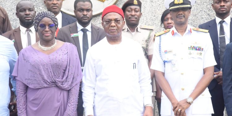 From left: Deputy Governor of Imo State, Lady Chinyere Ekomaru, Governor Hope Uzodimma of Imo State and Commodore Usman Bugaje, Leader of the Defence Intelligence College Participants Course 25 when the delegation paid a working visit to the Governor at Government House Owerri...Friday.