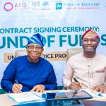 L-R: Wale Adeosun, MD/CEO, Kuramo Capital Management, with Olasupo Olusi, MD/CEO, Bank of Industry (BoI), during the contract signing for a minimum fund size of $170 million for the DICE Fund of Funds Management between BoI and Kuramo Capital Management, in Abuja...on Tuesday.