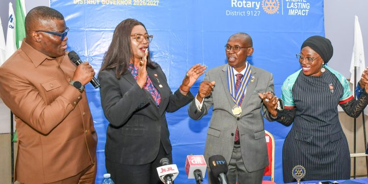 L-R: District Governor elect, District 9127, Rtn. Chijioke Ekechukwu; Outgoing District Governor, 9127, Dr. Joy Nky Okoro; New District Governor 9127, Engr. Sikiru Adetona Owonikoko and his wife, Hajiya Zainab Owonikoko, during the handover to the New District Governor held at the Rotary Centre Jabi,  Abuja.