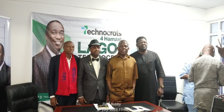 From left: Dr Isaac Adanikeh, CEO Isaac John Business Solutions Ltd; Dr Mike Oladunjoye Egbayelo, Convener; Dr Tim Akano, Managing Director, New Horizons Ltd and Dr Adeleke Adedeji, Chief Operating Officer, Henry Karl Company Ltd, at the launch of Technocrats for Hamzat, in Lagos.