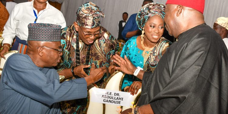 L-R: Chairman of the Occasion, Dr. Ahmed Raji SAN, District Governor 9127, Engr. Sikiru Adetona Owonikoko, his wife Hajiya Zainab Owonikoko, and Vice Governor, Dr. Victor Onukwugha, during the investiture of the Rotary International District Governor for District 9127, Engr. Sikiru Adetona Owonikoko, held at the Transcorp Hilton Hotels in Abuja...yesterday