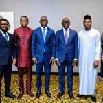 From Right: Company Secretary, Asset Management Corporation of Nigeria (AMCON), *Mrs Oyinlola Adebayo*; Executive Director, Asset Management Directorate, *Dr Aminu Mukhtar Dan’amu*; Managing Director/Chief Executive Officer, *Mr Gbenga Alade*; Executive Director, Resolution Directorate, *Mr Adeshola Lamidi*; Head, Legal Department, *Mr Albert Nwanozie*, and Head, Corporate Communications Department, *Mr Jude Nwauzor* at the AMCON Media Parley, held at Radisson Blu Hotel, Ikeja, Lagos...at the weekend.