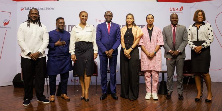From left: Co-founder and Chief Executive Officer of Chowdeck, Femi Aluko; Rapper and Entrepreneur, M.I Abaga; Head, Remittances, Uzoamaka Oyeka, United Bank for Africa (UBA); Head Digital Banking, UBA, Olukayode Olubiyi; Venture Capitalist/ Co-founder, Octerra Capital, Ashim Egunjobi; Founder, Lumination Global Network, Adaora Mbelu; Head, Agency Banking, UBA, Adetunji Iyiola and Head Corporate & Other Collections, UBA, Ugochi Obanua-Nwaukor, during the UBA Small Medium Enterprise (SME) Business Series, themed ‘,"Building for Africa's Realities: Turning Consumer Feedback into Technology-Driven Solutions," ’held at UBA House, Marina, Lagos...on Thursday