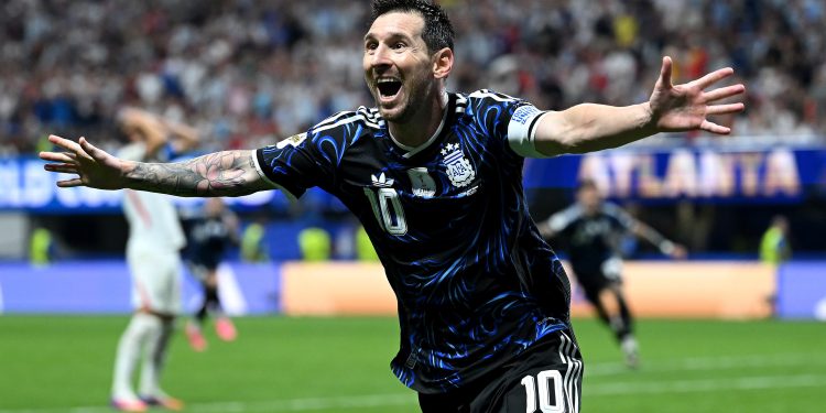 ATLANTA, GEORGIA - JULY 15: Lionel Messi #10 of Argentina celebrates the team's second goal by Lautaro Martinez #22 during the FIFA World Cup 2026 Semi Final match between England and Argentina at Atlanta Stadium on July 15, 2026 in Atlanta, Georgia. (Photo by Shaun Botterill/Getty Images)