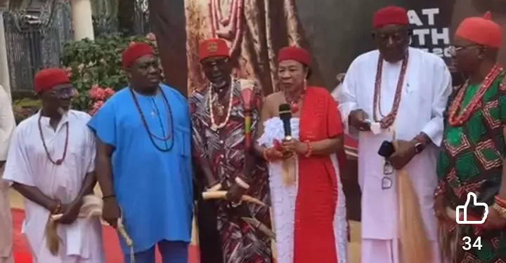 Alt="The Omu Ahaba of Asaba Community, Chief Ada Biosah flanked by the Ndi Eze Ahaba, of Asaba community in Sunday in Asaba"