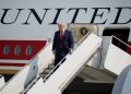 U.S. President Donald Trump disembarks the new Air Force One, a plane gifted by the Qatari government, as he arrives at Bismarck Municipal Airport in Bismarck, North Dakota, U.S., July 1, 2026. REUTERS/Evan Vucci