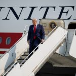 U.S. President Donald Trump disembarks the new Air Force One, a plane gifted by the Qatari government, as he arrives at Bismarck Municipal Airport in Bismarck, North Dakota, U.S., July 1, 2026. REUTERS/Evan Vucci