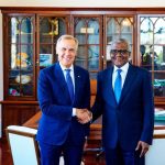 Prime Minister of Canada, Mark Carney (left), welcomes the President and Chief Executive of Dangote Group, Aliko Dangote, to his office in Canada during discussions on potential investment opportunities and strategic partnerships