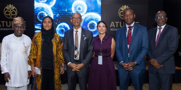 From left: Prof. Kamar T. Adeleke, President and Chairman, Atunse Healthcare Ltd; Fatima Aliko Dangote, Group Executive Director of Commercial Operations for Oil & Gas, Dangote Industries; Prof. Akin Abayomi, Lagos State Commissioner for Health; Dr. Mercedes Kweh, Chief Clinical Transition Officer, Atunse Healthcare Ltd; Dr. Frederick Kweh, Chief Science & Technology Officer, Atunse Healthcare Ltd, and Dr. Sola Oluwole, Chief Executive Officer, Atunse Healthcare Ltd, during the Launch of Atunse at the African Regenerative Medicine & Longevity Summit in Lagos on  August 7, 2026
