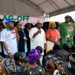 From left: Deputy State Chairman, Peoples Democratic Party, Hon. Abiodun Ogunremi; Chairman, Dr. Abayomi Tella; Deputy Governorship Candidate, Hajia Yemi Sowunmi-Kolapo; Governorship Candidate, Hon. Ladi Adebutu; Ogun Central Senatorial Candidate, Prof Iyabo Obasanjo; House of Representatives Candidate, Abeokuta South Senatorial District, Hon. Toyin Amuzu, and Director, Media and Publicity, Ladi Adebutu Campaign Organisation, Hon. Afolabi Orekoya, at the flag-off of the PDP National Assembly Campaign in Abeokuta...on Wednesday.