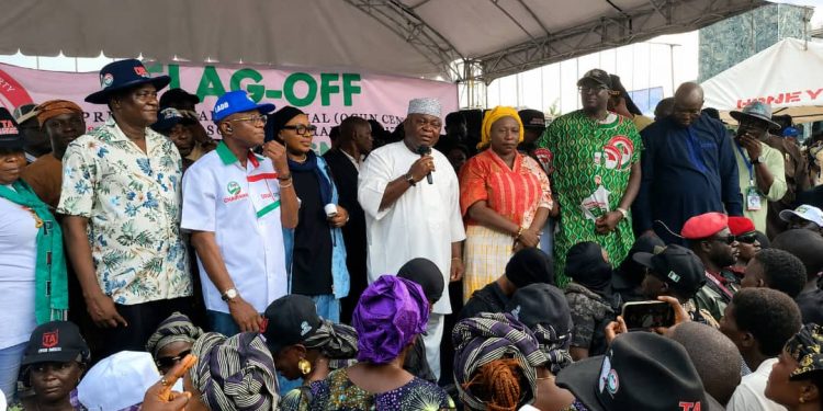 From left: Deputy State Chairman, Peoples Democratic Party, Hon. Abiodun Ogunremi; Chairman, Dr. Abayomi Tella; Deputy Governorship Candidate, Hajia Yemi Sowunmi-Kolapo; Governorship Candidate, Hon. Ladi Adebutu; Ogun Central Senatorial Candidate, Prof Iyabo Obasanjo; House of Representatives Candidate, Abeokuta South Senatorial District, Hon. Toyin Amuzu, and Director, Media and Publicity, Ladi Adebutu Campaign Organisation, Hon. Afolabi Orekoya, at the flag-off of the PDP National Assembly Campaign in Abeokuta...on Wednesday.