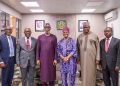 From Left: Representative of the Department of Geology, Obafemi Awolowo University, Prof. Olatunbosun Adedayo; Council Member, Obafemi Awolowo University, Mr Joseph Abaagu; Minister of Solid Minerals Development, Dele Alake; Council Member, Obafemi Awolowo University, Ile-Ife, Prof. Ralph Akinfeleye; Mr Edward Sarki and Yinka Ayanfola, during a courtesy visit to the Ministry of Solid Minerals Development in Abuja.