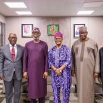 From Left: Representative of the Department of Geology, Obafemi Awolowo University, Prof. Olatunbosun Adedayo; Council Member, Obafemi Awolowo University, Mr Joseph Abaagu; Minister of Solid Minerals Development, Dele Alake; Council Member, Obafemi Awolowo University, Ile-Ife, Prof. Ralph Akinfeleye; Mr Edward Sarki and Yinka Ayanfola, during a courtesy visit to the Ministry of Solid Minerals Development in Abuja.