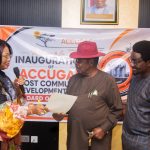From left: Cynthia Nzeh, Senior Manager, Host Community Development Trust, Nigerian Midstream and Downstream Petroleum Regulatory Authority (NMDPRA); Bassey Itama Abang, Chairman, Board of Trustees, Accugas Host Communities Development Trust, and Obinna Okorie, Stakeholder Relations Manager, Savannah Nigeria during the inauguration of the Board of Trustees for the Accugas Host Communities Development Trust (HCDT) in Uyo, Akwa Ibom State.