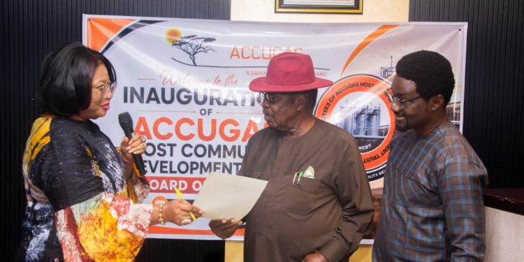 From left: Cynthia Nzeh, Senior Manager, Host Community Development Trust, Nigerian Midstream and Downstream Petroleum Regulatory Authority (NMDPRA); Bassey Itama Abang, Chairman, Board of Trustees, Accugas Host Communities Development Trust, and Obinna Okorie, Stakeholder Relations Manager, Savannah Nigeria during the inauguration of the Board of Trustees for the Accugas Host Communities Development Trust (HCDT) in Uyo, Akwa Ibom State.