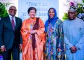 From left: Aliko Dangote, Amina Mohammed,
Halima Aliko Dangote and Olusegun Obasanjo at Amina Mohammed's send-off party at the Africa Centre, Harlem, New York.