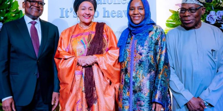 From left: Aliko Dangote, Amina Mohammed, 
Halima Aliko Dangote and Olusegun Obasanjo  at Amina Mohammed's send-off party at the Africa Centre, Harlem,  New York.