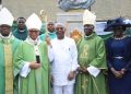 From left: Auxiliary Bishop of Orlu Catholic Diocese, Dr.Thomas Obiatuegwu; Archbishop of Owerri Ecclesiastical Province, Dr. Lucius Ugorji; Governor Hope Uzodimma of Imo State, Bishop of Orlu Catholic Diocese, Dr. Augustine Ukwuoma and Deputy Governor of Imo State, Lady Chinyere Ekomaru, during a Special 66th Independence Thanksgiving Service held at Maria Assumpta Cathedral, Owerri...on Sunday.