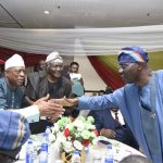 Governor Babajide Sanwo-Olu of Lagos State (Special Guest Speaker) greeting Shodipe-Dosunmu, Chief Dare Babarinsa and Akogun Kola Onadipe during the event.
