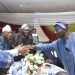 Governor Babajide Sanwo-Olu of Lagos State (Special Guest Speaker) greeting Shodipe-Dosunmu, Chief Dare Babarinsa and Akogun Kola Onadipe during the event.