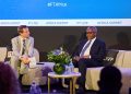 Aliko Dangote, President/Chief Executive of Dangote Group (right), in a conversation with David Pilling, the Africa’s editor for Financial Times during the FT Africa Summit  in London