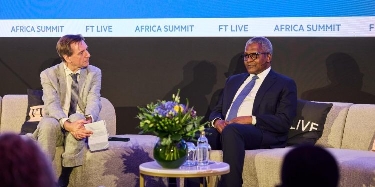 Aliko Dangote, President/Chief Executive of Dangote Group (right), in a conversation with David Pilling, the Africa’s editor for Financial Times during the FT Africa Summit in London