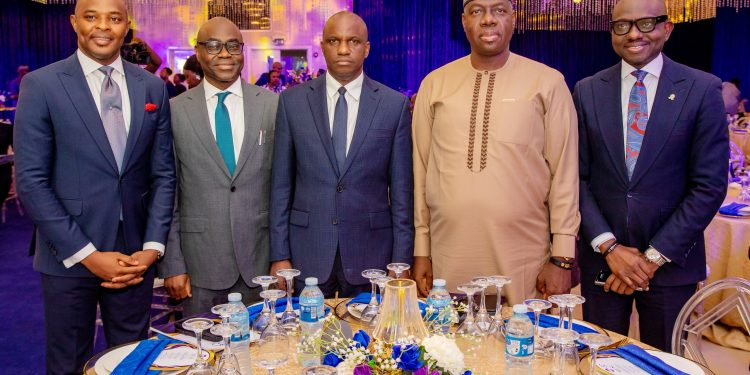 President, Association of Corporate Communications and Marketing Professionals in Banks (ACAMB), Jide Sipe; Managing Director, CEO, Optimum Bank, Ademola, Odeyemi; President/Chairman of Council, Chartered Institute of Bankers; Managing Director, Nigeria Inter-Bank Bank Settlement System, Premier Oiwoh and Registrar and Chief Executive Officer, CIBN  during the ACAMB's 30th anniversary Gala themed: 30years of Shaping Narratives And Building Trust held at the weekend in Lagos.