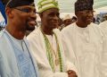 From left: Member, Ogun State House of Assembly, representing Odogbolu State Constituency, Hon. Lukman Adeleye; celebrator/Onirete of Irete-Ijebu kingdom, HRH Oba Abdul-Ganiyu Olusegun Awokoya-Yesufu (Otufesojoye, Adetutu 1), and Senator Gbenga Daniel, representing Ogun East Senatorial district in the National Assembly, during the fifth coronation anniversary celebration of the monarch.