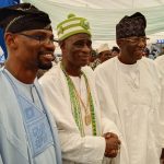 From left: Member, Ogun State House of Assembly, representing Odogbolu State Constituency, Hon. Lukman Adeleye; celebrator/Onirete of Irete-Ijebu kingdom, HRH Oba Abdul-Ganiyu Olusegun Awokoya-Yesufu (Otufesojoye, Adetutu 1), and Senator Gbenga Daniel, representing Ogun East Senatorial district in the National Assembly, during the fifth coronation anniversary celebration of the monarch.