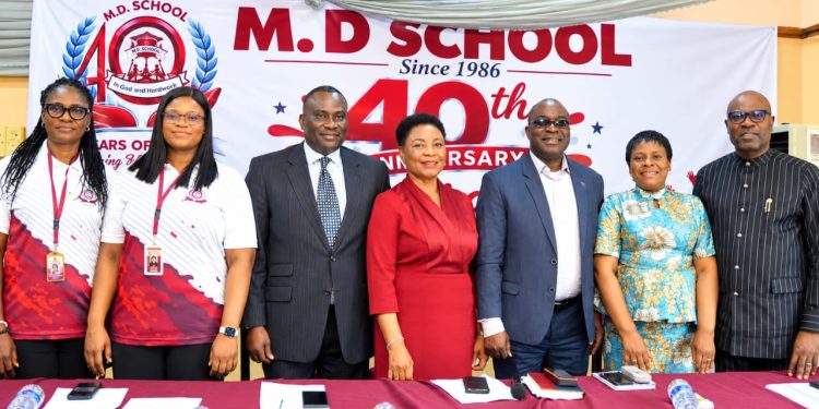 From left: Head of School M.D School, Mrs. Olusola Akhaiso; Director, Oluwaseun Amusa; Chairman, 40th Anniversary Planning Committee & Member, Governing Council, Barr. Chris Dike; Executive Director, M.D School, Mrs. Omolara Adedugbe; Chairman, 40th Anniversary Media Committee & Governing Council Member, Mr Steve Akadiri; Dr Ngozi Okwok, Member, Governing Council, Barr. Kunle Olaleye, also a Member Governing Council during a press conference to mark the 40th Anniversary of the school in Lagos.