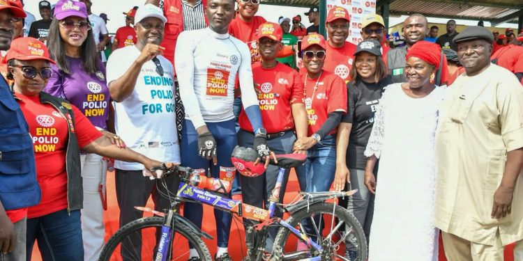From left: District Polio Plus Committee Chair, Mariam Ahmed, PGD. Joy Nky Okoro, Representative of the Executive Director, National Primary Health Care Development Agency (NPHCDA), Dr. Ahmed Garba Rufai, Winner of the 2026 Pedals Against Polio 2.0, Stephen Christian Mamman, District Governor 9127, Engr. Sikiru Adetona Owonikoko, Assistant Governor, Rotary Club Wuse Central, Zainab Omowunmi Owonikoko, Deputy Incident Manager, National Polio Emergency Operations Centre, Dr. Adeola Musa Oluwatoyin, Mrs. Aiodiah Stephen and Mr. Stephen Mamman Anumkwen, during the 2026 Walk to End the Polio Now, in Abuja.
